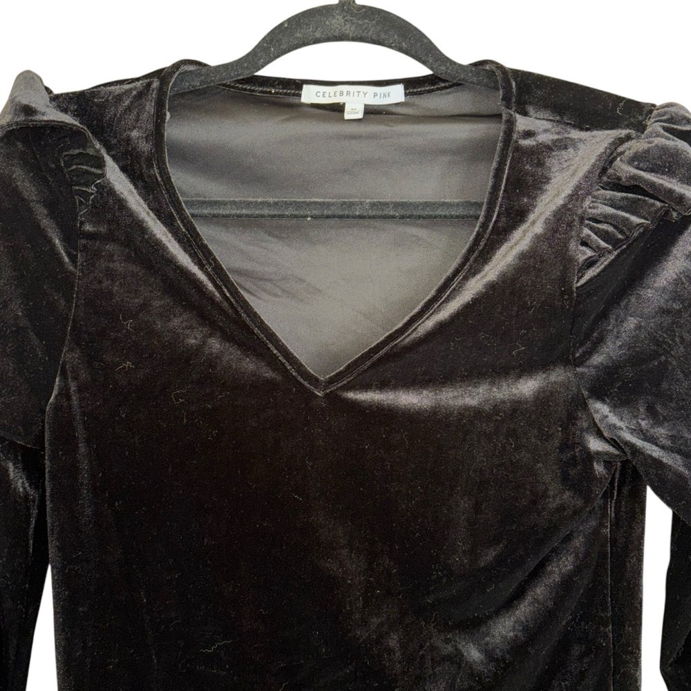 Celebrity Pink Black Velvet Ruffle Bodysuit Womens M Holiday Party Dance Festive - Picture 6 of 12